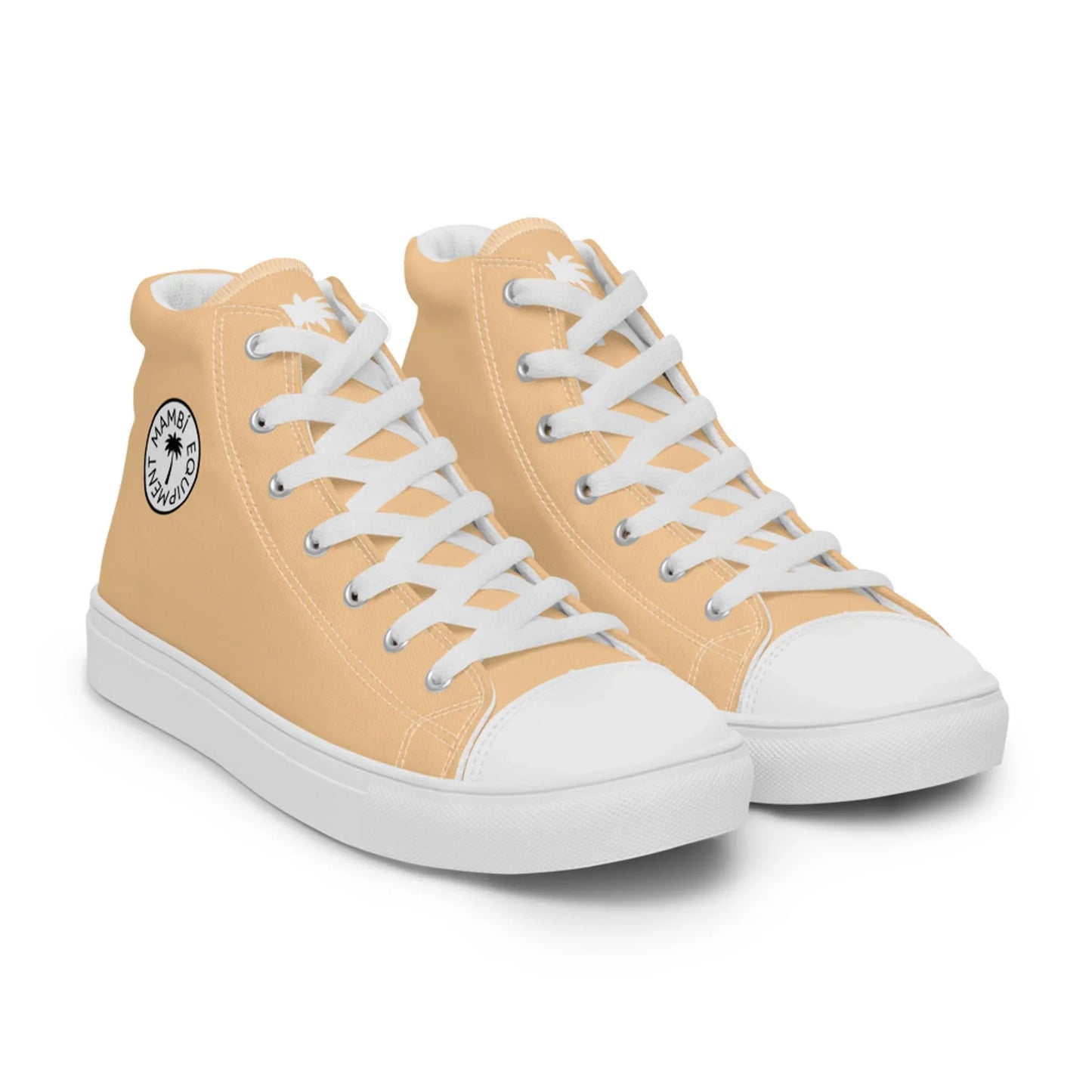 A pair of light beige high-top sneakers with white toe caps, white laces, and white soles. A circular Mambí logo featuring a palm tree design is visible on the outer side of each shoe.
