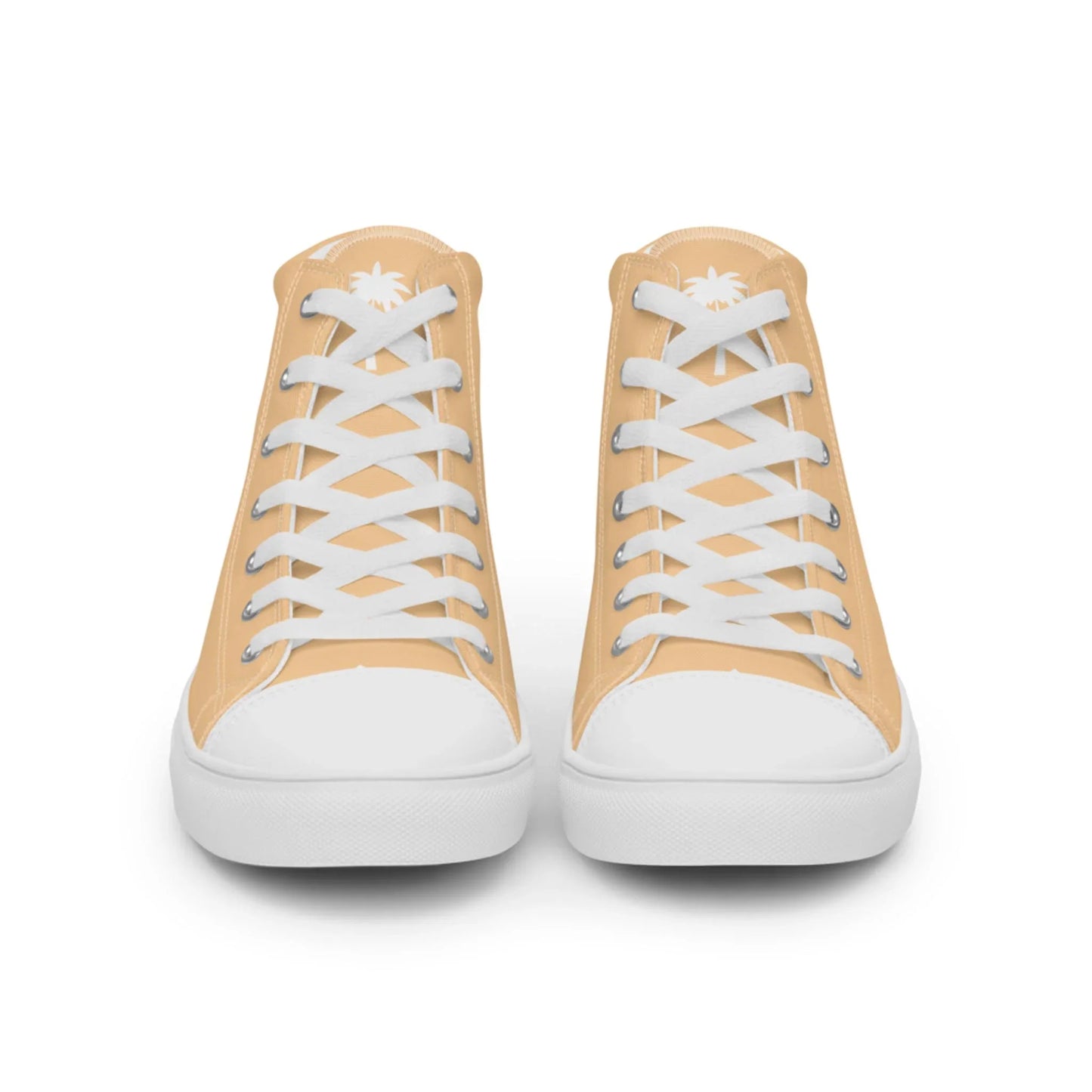 A pair of light tan Mambí high-top sneakers with white soles, toe caps, and laces, viewed from the front; each shoe features a small white palm tree design on the tongue.