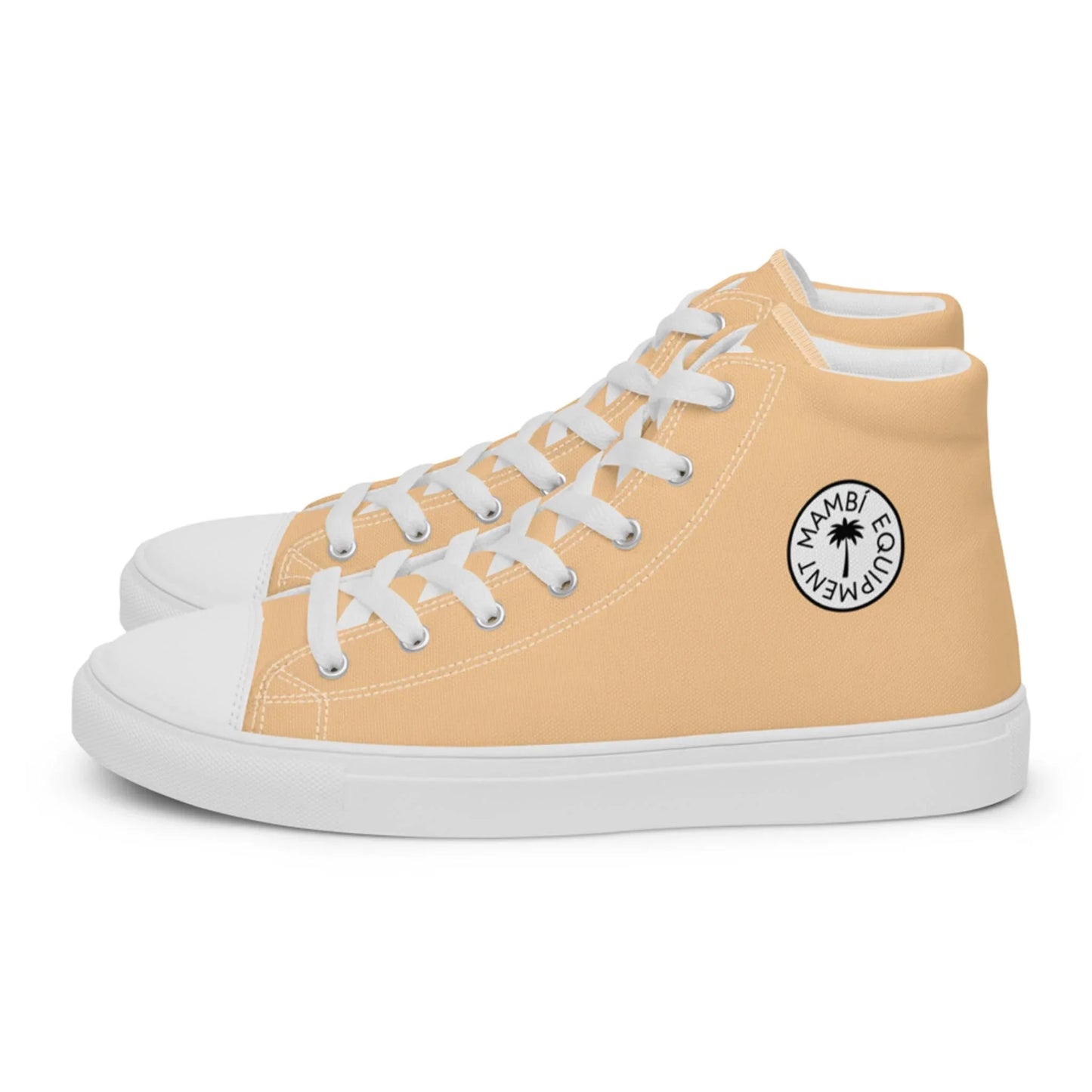 A pair of high-top sneakers in light beige with white laces, white soles, and a circular black-and-white Mambí logo featuring a palm tree and the text MAMBI EQUIPMENT on the outer side.