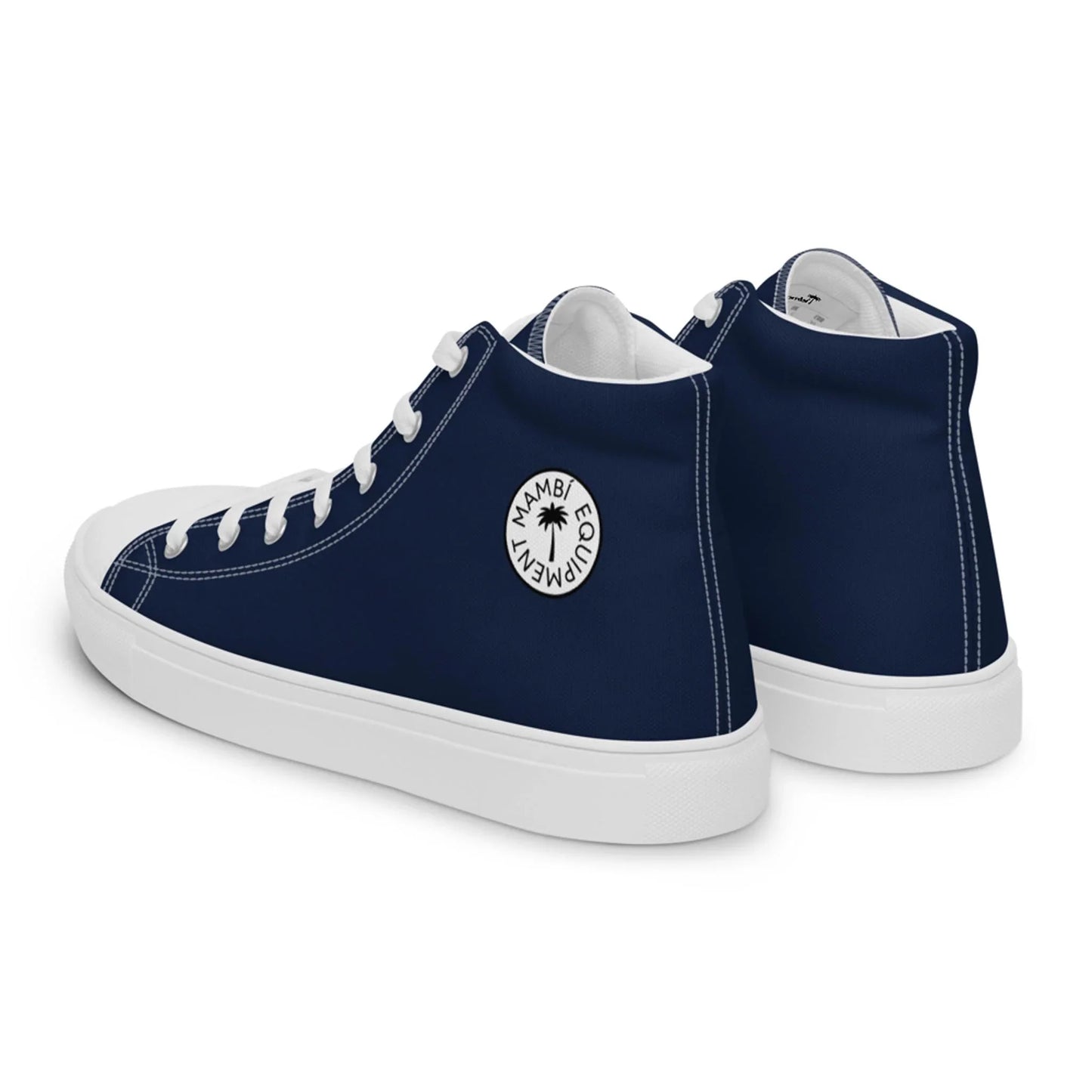 The Printful Carlito Sastre Vintage Hi-Top Sneakers for women in white/navy feature canvas uppers, white soles and laces, plus a circular MAMBU ECO DRIVEN logo with a leaf on the side. Shown on a white background.