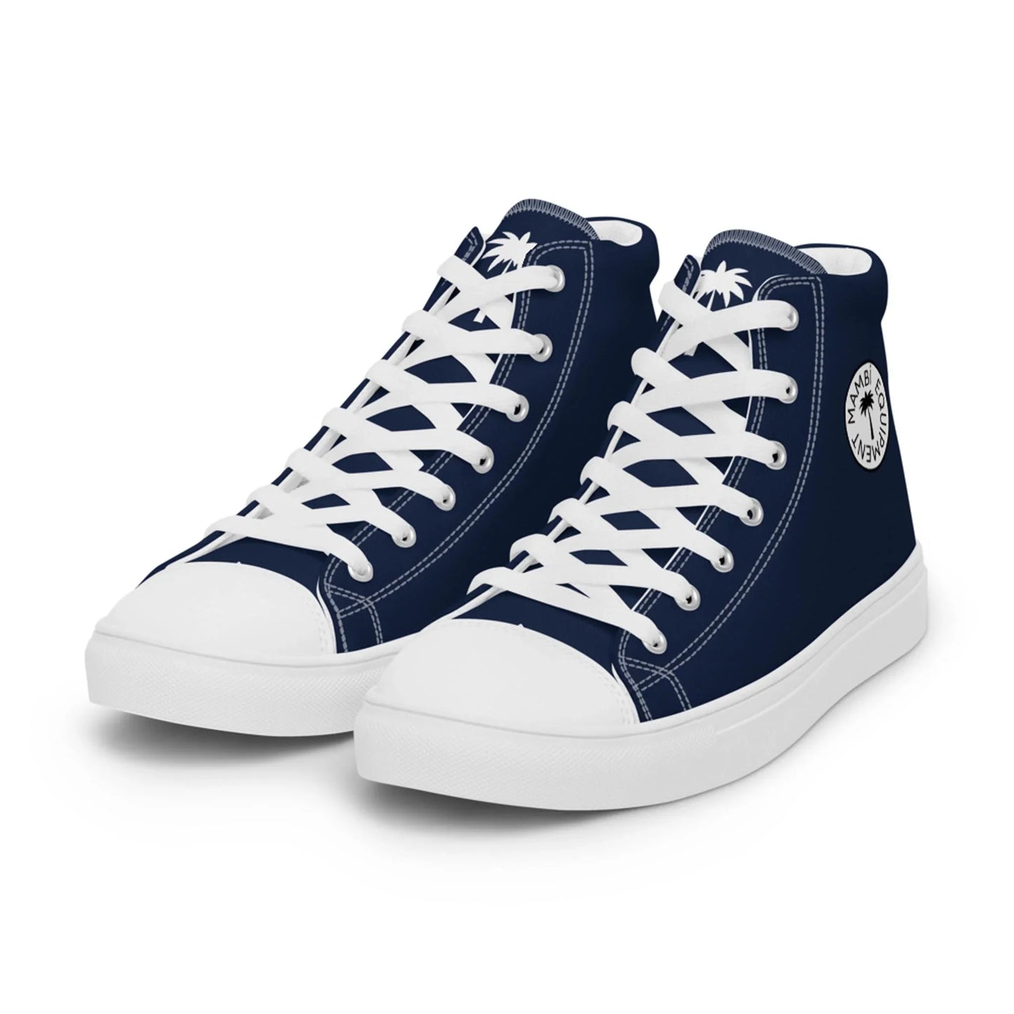The Carlito Sastre Vintage Hi-Top Sneakers by Printful for women feature a navy and white canvas design with white laces, soles, and a circular palm tree logo on the side.