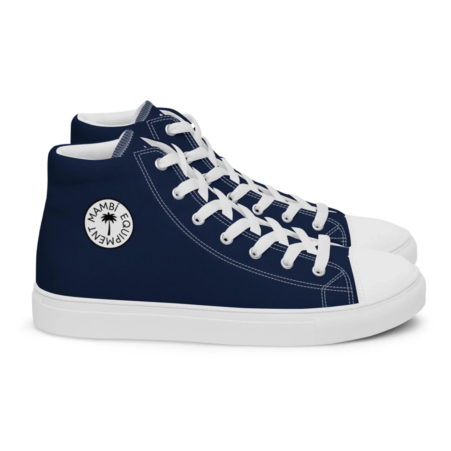 The Carlito Sastre Vintage Hi-Top Sneakers by Printful feature a navy blue and white design with white laces, soles, and a circular side logo reading MAMBI EQUIPMENT with a black star at the center.