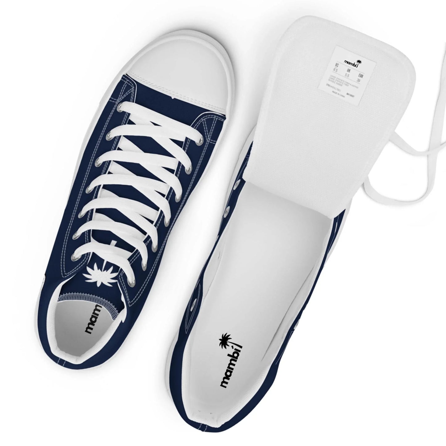 Top view of Printful Carlito Sastre Vintage Hi-Top Sneakers for women in white/navy; one shoe displays the insole with a mambij palm tree logo, while the other shows its label beneath the lifted tongue.