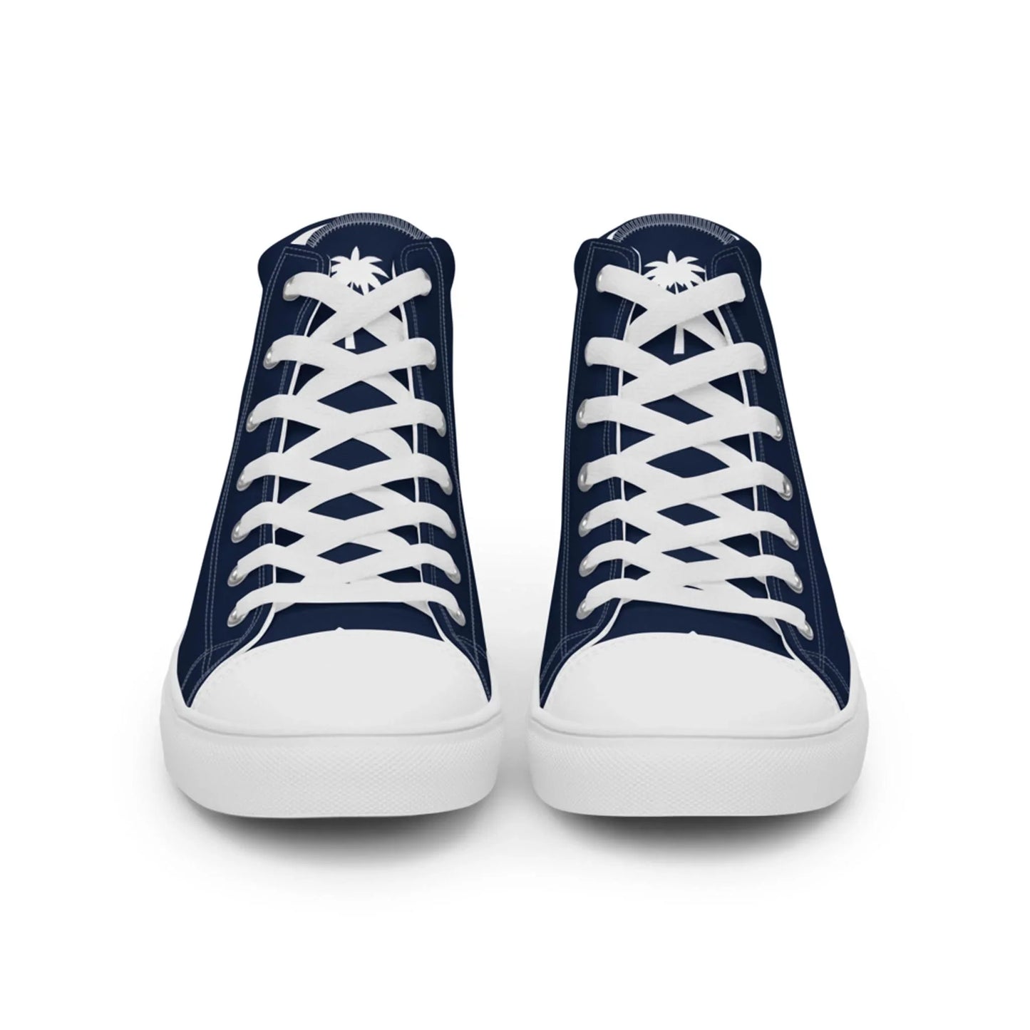 The Carlito Sastre Vintage Hi-Top Sneakers by Printful for women feature a classic navy and white design with white laces, toe caps, and soles, and a small palm tree motif on each tongue, shown from the front.