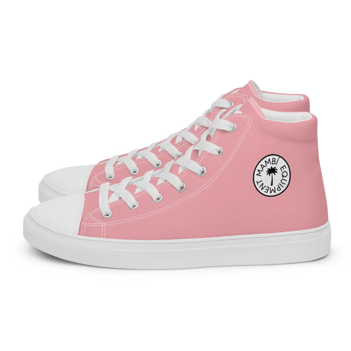 The Carlito Sastre Vintage Hi-Top Sneakers by Printful feature a white/pink canvas design, white soles and laces, plus a black and white Mambi Equality logo on the outer side. Womens sizing.