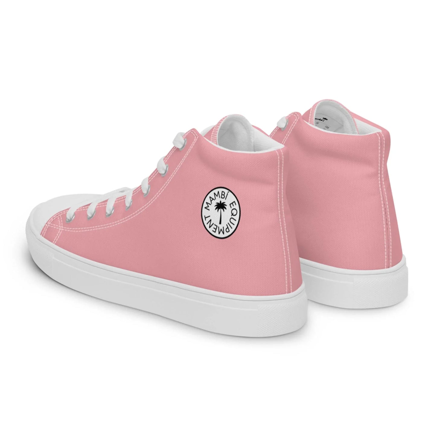 The Carlito Sastre Vintage Hi-Top Sneakers by Printful for women feature a pink and white canvas design, white soles, laces, and toe caps, plus a circular black-and-white Mambo Guardian logo on the side. Both side and back views are shown.