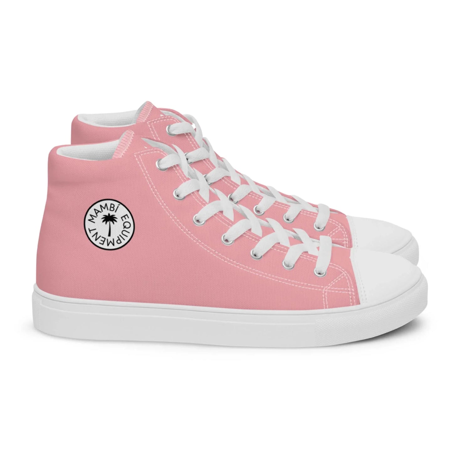 The Printful Carlito Sastre Vintage Hi-Top Sneakers for women feature a pink and white canvas design with white laces, soles, and a round black-and-white MAMBI MOVEMENT star logo on the side.