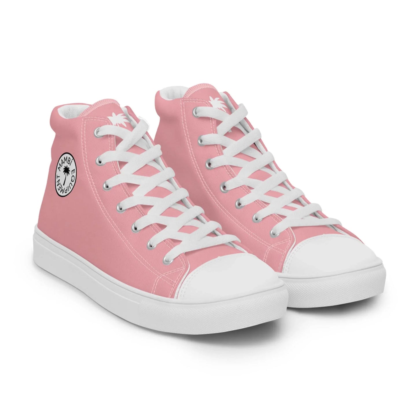 The Carlito Sastre Vintage Hi-Top Sneakers by Printful for women feature a pink and white canvas design, white laces, toe caps, soles, and a black-and-white round logo near the ankle for a classic look.