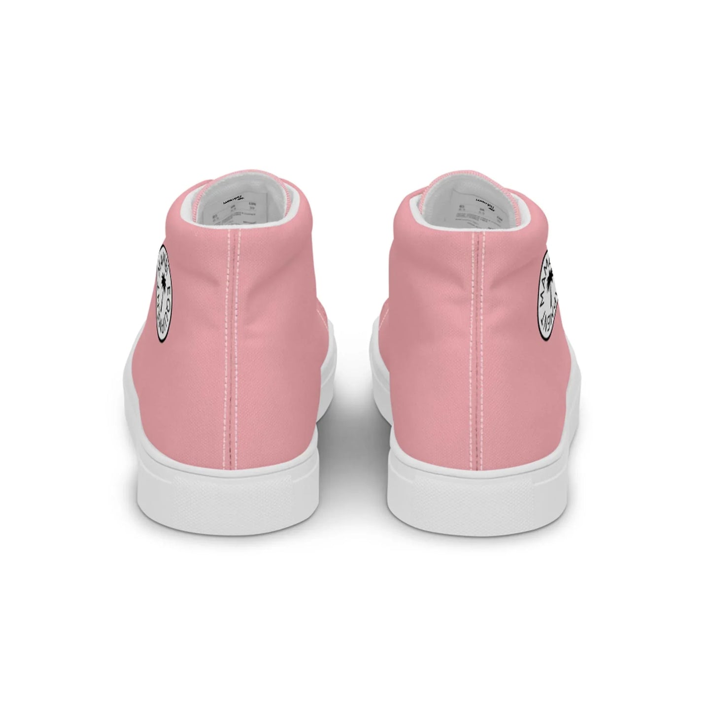 The Carlito Sastre Vintage Hi-Top Sneakers by Printful for women in white and pink feature canvas uppers, white soles, and a black-and-white circular graphic on each heel, shown from the back.