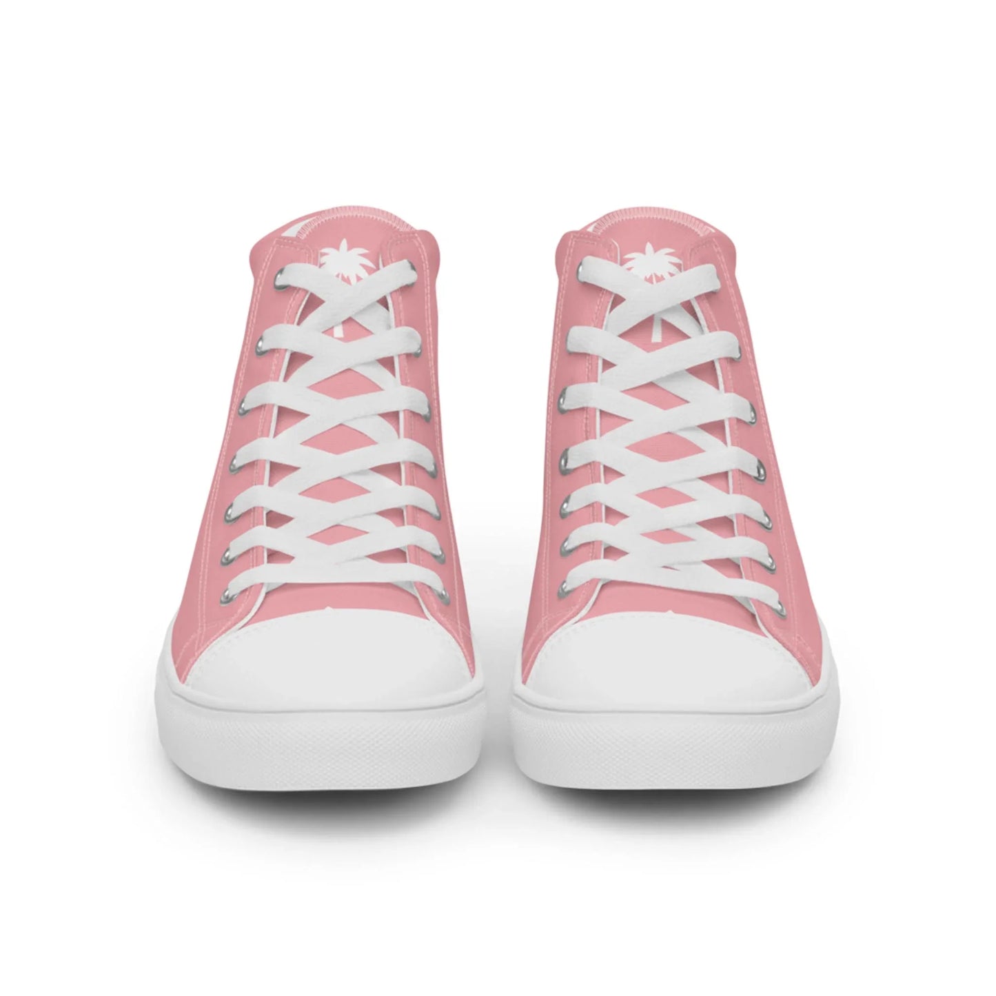 The Carlito Sastre Vintage Hi-Top Sneakers by Printful for women feature pink and white canvas, white laces and toe caps, and a small white palm tree design on the tongue.