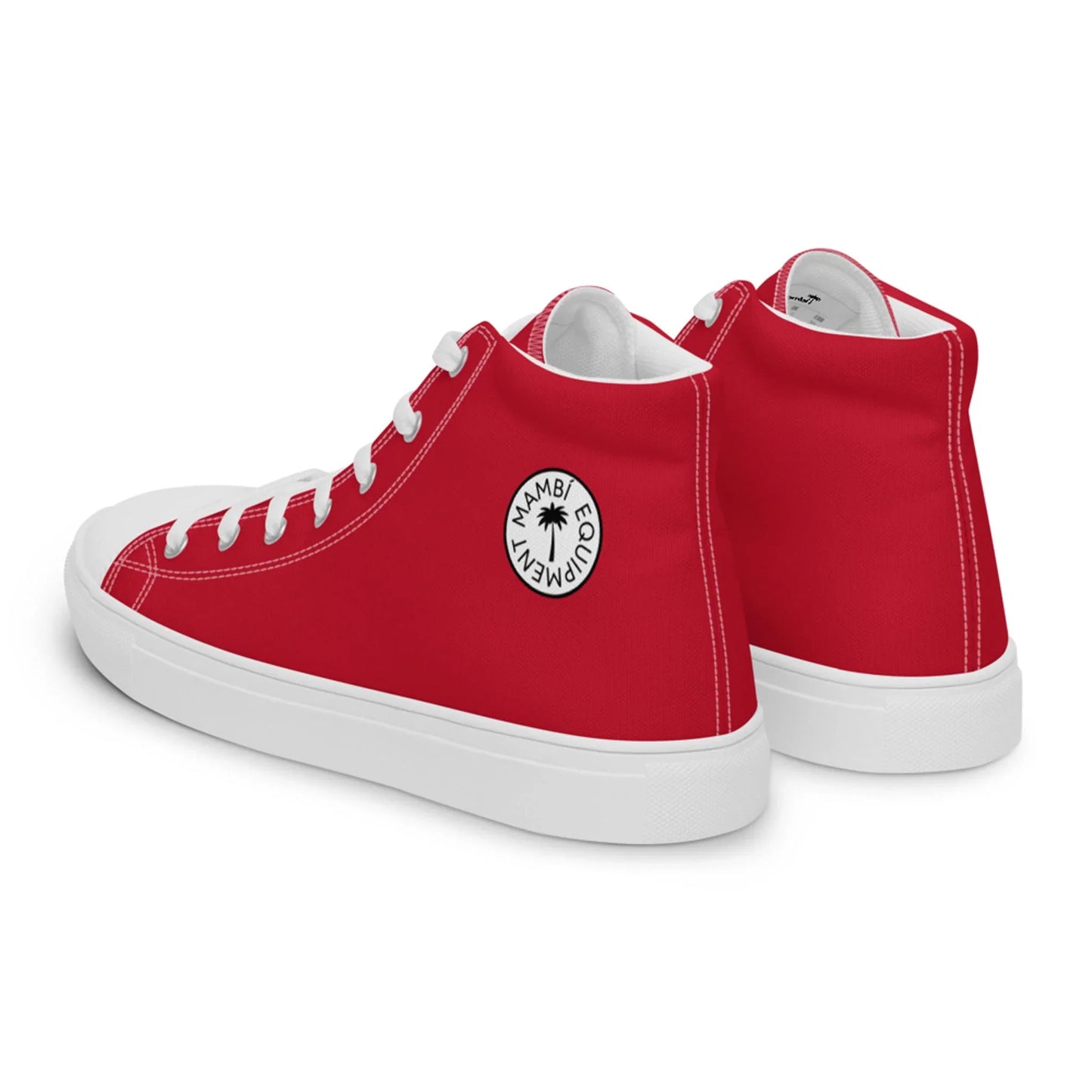A pair of red high-top sneakers with white soles and laces. The shoes feature a white circular logo on the side that reads Mambí ECQUIPAMENT.