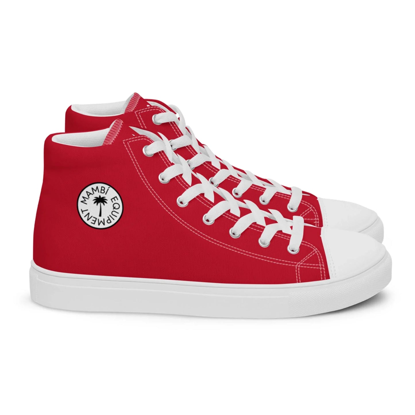 A pair of red high-top sneakers with white soles, white laces, and a circular black-and-white Mambí ELEMENT logo on the side. The background is plain white.