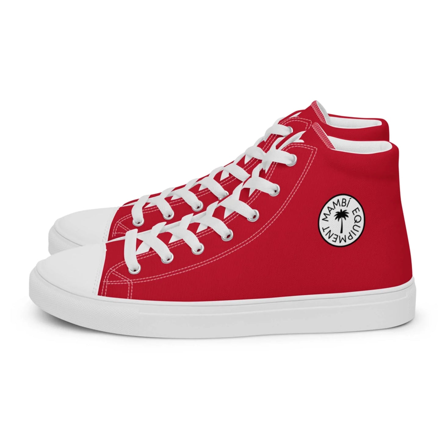 A pair of red high-top Mambí sneakers with white soles, white laces, and a round black-and-white EQUALITY logo on the side. The shoes are positioned side by side, facing left.