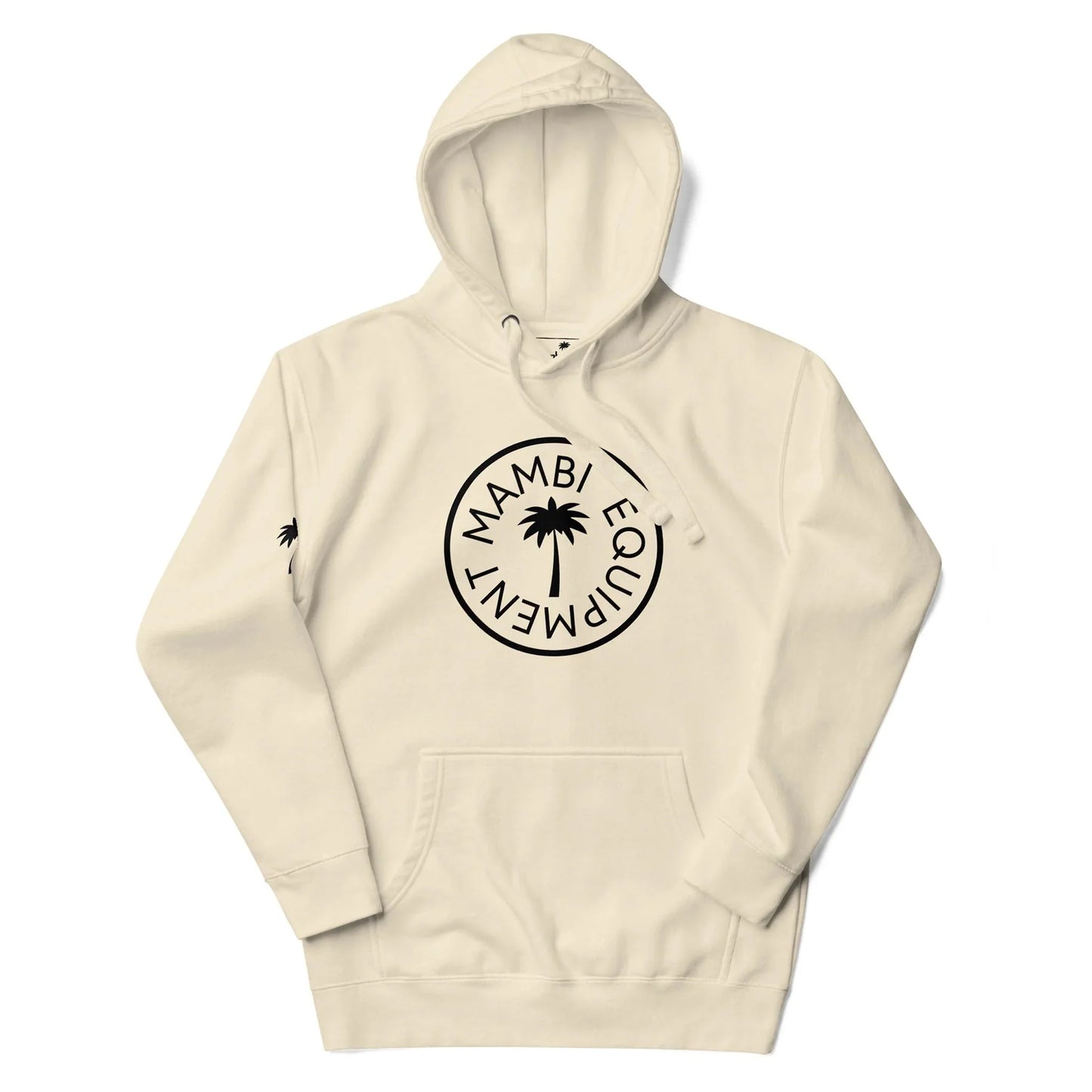 Beige hooded sweatshirt featuring a black circular Mambí logo with a palm tree on the chest and a small palm tree graphic on the left sleeve.