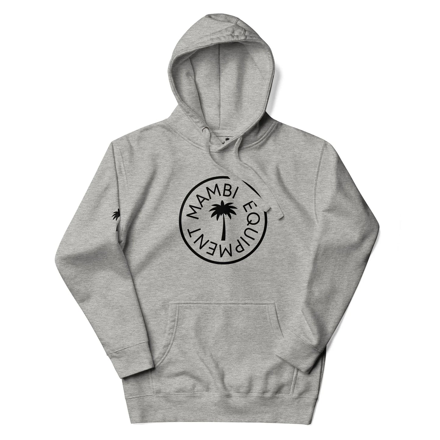 A light gray hooded sweatshirt featuring a circular black logo with a palm tree and the words “Mambí Equipment” on the front. This hoodie has long sleeves, a front pocket, and drawstrings.