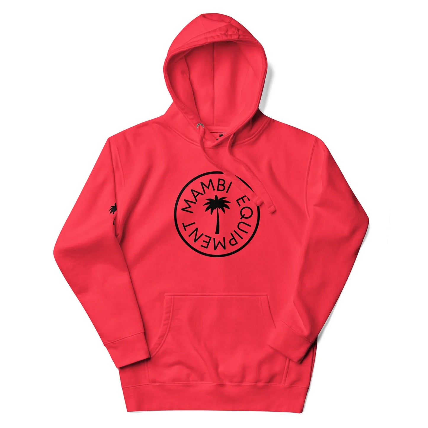 A bright red hooded sweatshirt featuring a black circular logo with a palm tree in the center and the words Mambí Equipment around it. The hoodie also has a small black palm tree on the left sleeve.