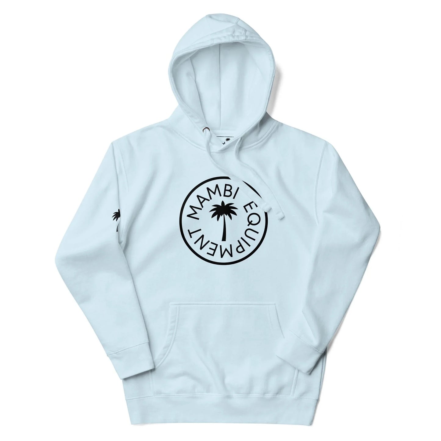 Light blue hooded sweatshirt featuring a black circular logo with a palm tree in the center and the words Mambí Equipment around it. A small black palm tree graphic accents the left sleeve.