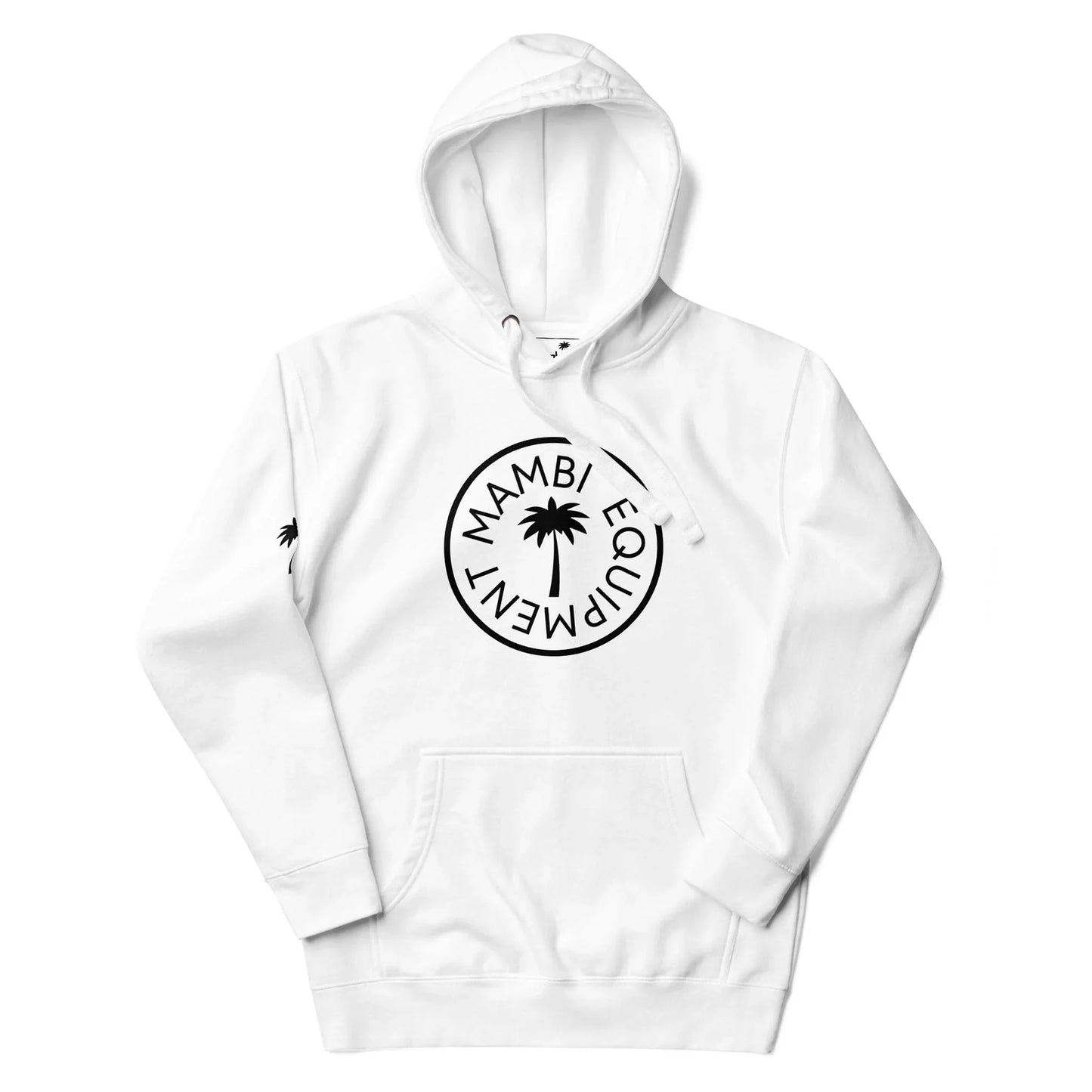 White hooded sweatshirt featuring a black circular Mambí logo on the chest with a palm tree and a small palm tree icon on the left sleeve.