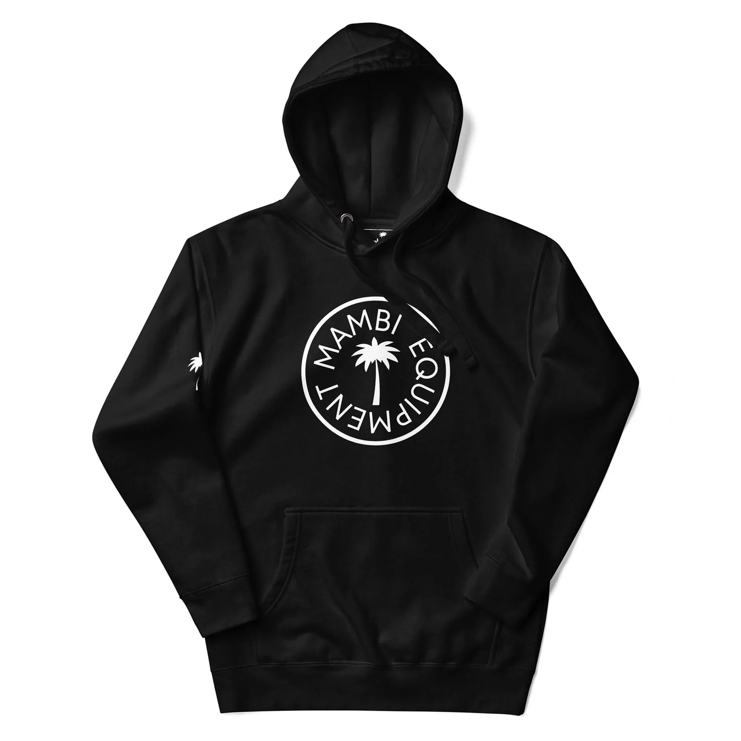 Black hoodie with a white circular Mambí logo on the chest featuring a palm tree and the words MAMBI EQUIPMENT; matching small logo on the left sleeve.