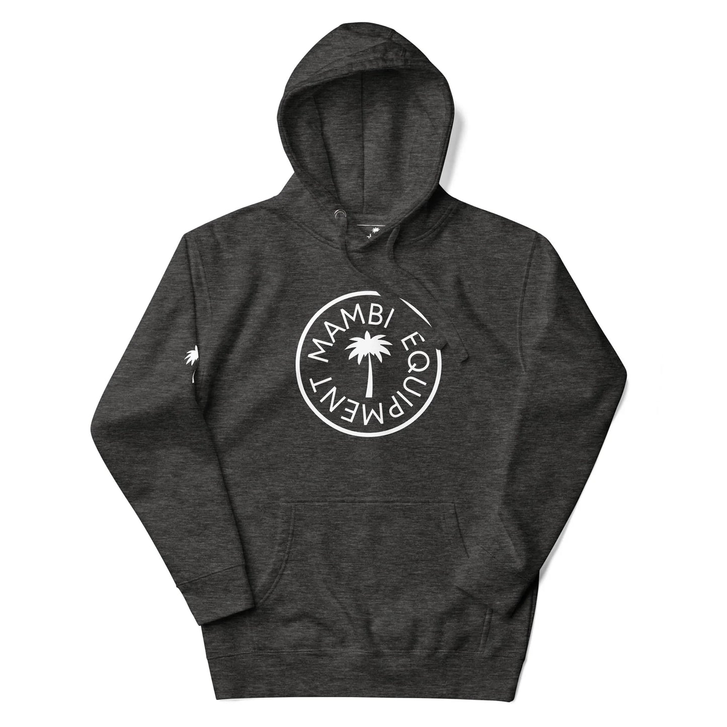 Dark gray hooded sweatshirt featuring a white circular Mambí Equipment logo and a palm tree graphic on the front, plus a small white palm tree graphic on the left sleeve.