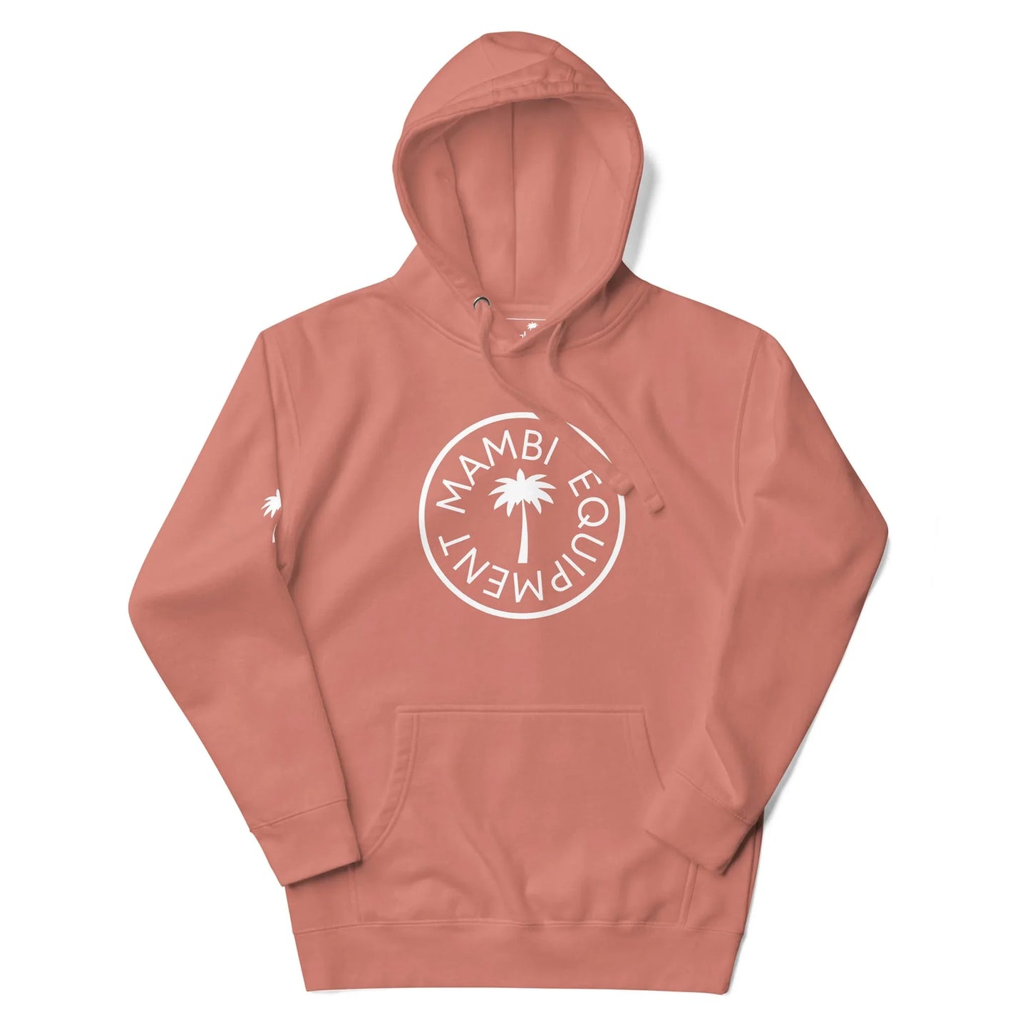 A dusty rose-colored Mambí hoodie with a white circular logo featuring a palm tree and the text MAMBI EQUIPMENT on the chest, plus a small palm tree graphic on the left sleeve.