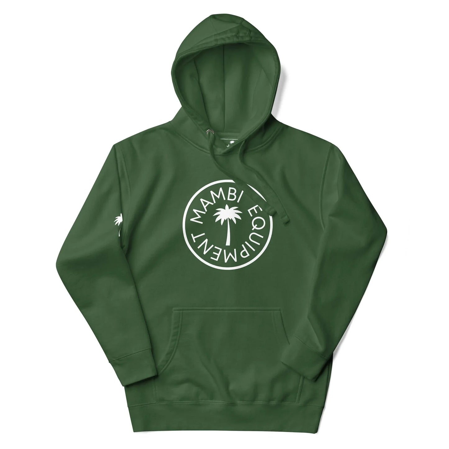 Forest green hoodie featuring a circular white logo with a palm tree and the words Mambí EQUIPMENT on the chest, plus a small white palm tree graphic on one sleeve.