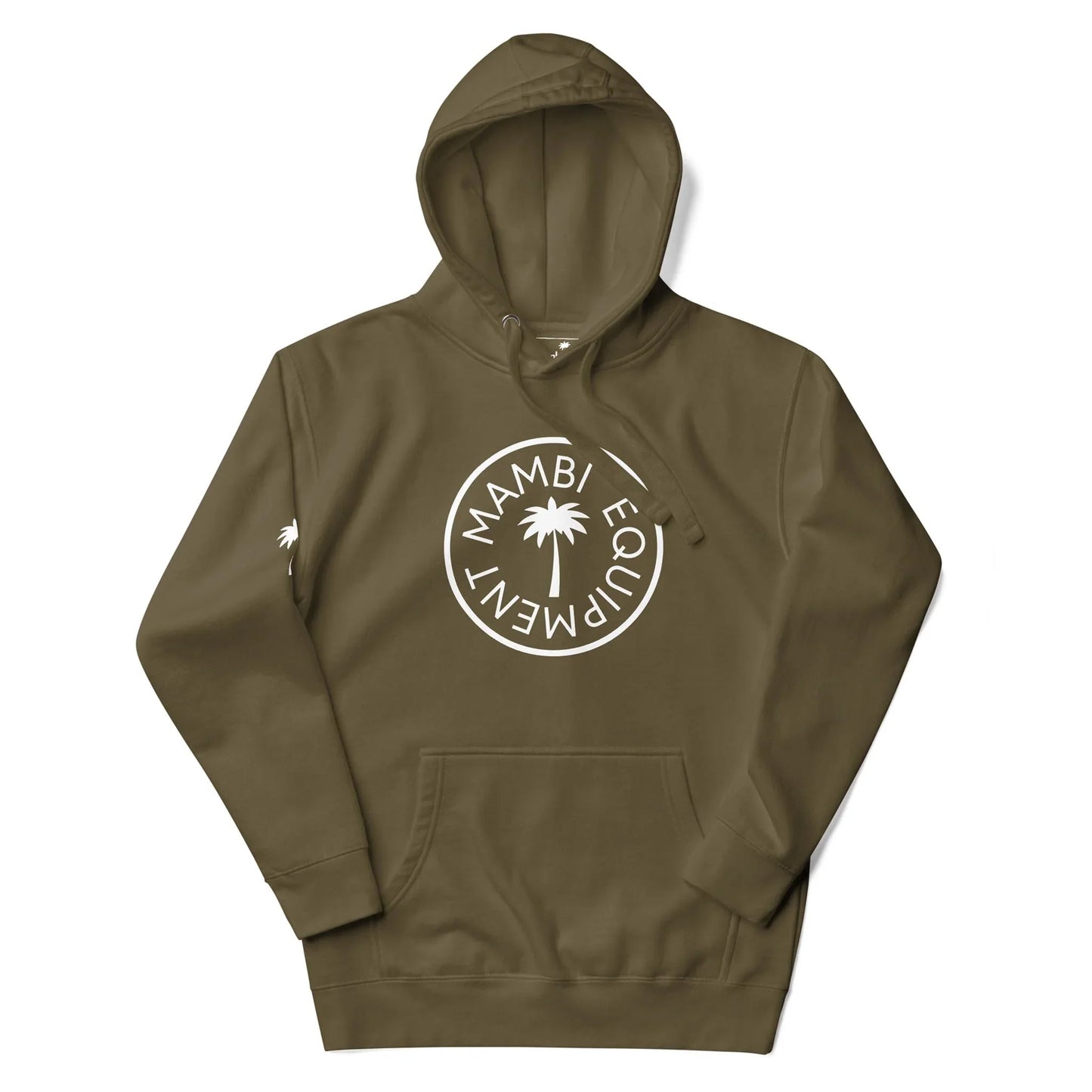 Olive green hooded sweatshirt featuring a white circular Mambí logo with a palm tree and the words MAMBI EQUIPMENT on the front; small palm tree graphic on the left sleeve.