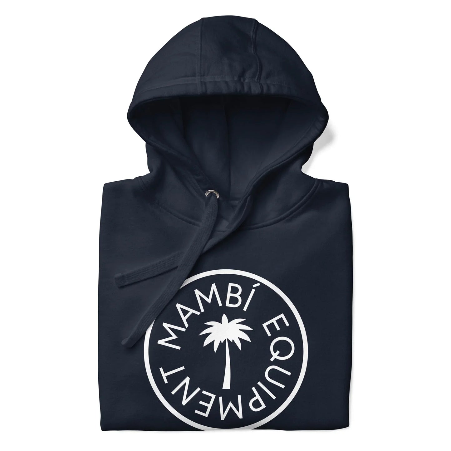A folded navy blue hoodie with a drawstring hood, featuring a white circular Mambí logo on the chest with a palm tree in the center and MAMBÍ EQUIPMENT around it.