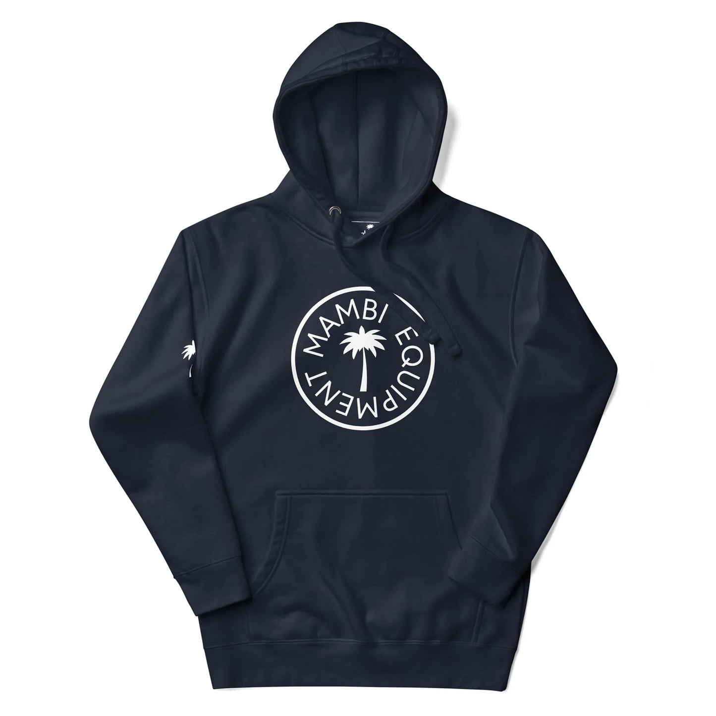A black hooded sweatshirt featuring a large white circle logo with a palm tree and the words Mambí EQUIPMENT on the front, plus a small palm tree graphic on the left sleeve.