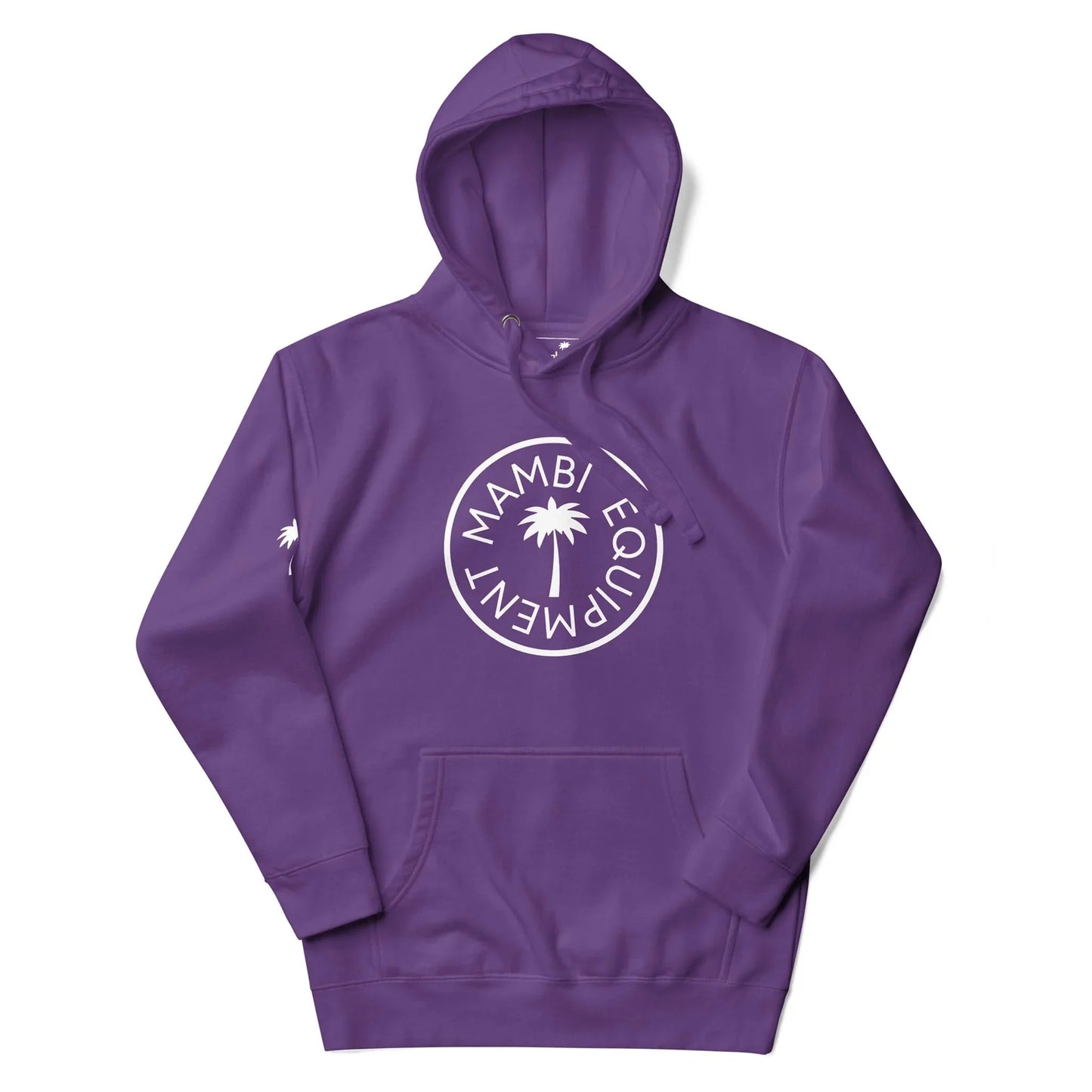 A purple hoodie with a front pocket and hood, featuring a white circular Mambí Equipment logo with a palm tree on the chest, and a small white palm tree on the left sleeve.