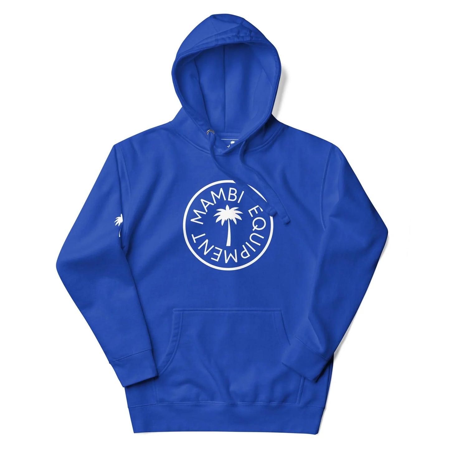 A royal blue hoodie featuring a white circular Mambí logo with a palm tree and the text MAMBI EQUIPMENT on the front, plus a small white palm tree graphic on the left sleeve.