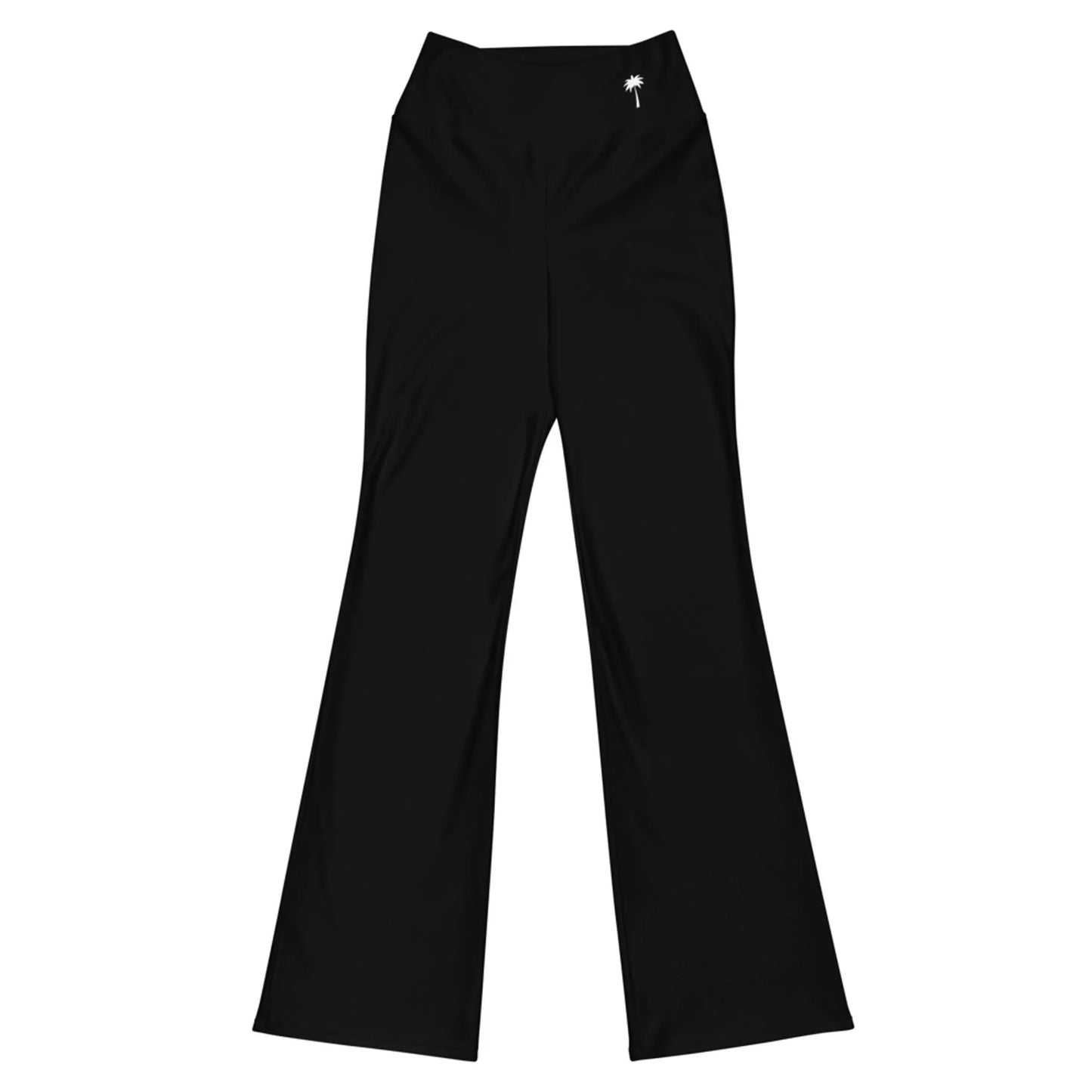 Printful Carolina Flared Performance Leggings for women in black, featuring a high waist, butt-lifting fit, and a small white palm tree logo near the waistband. Displayed on a white background.