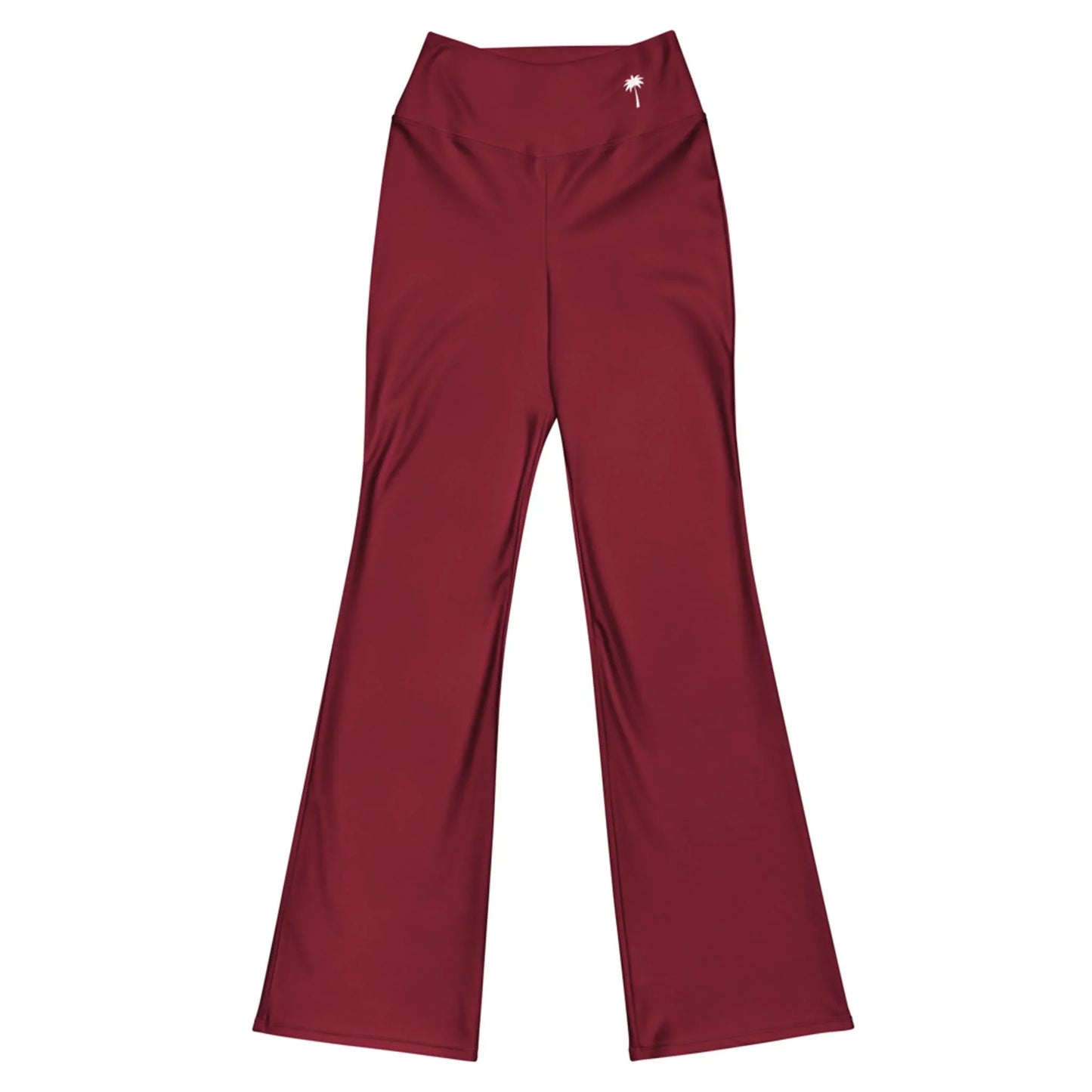 The Printful Carolina Flared Performance Leggings feature a high waist, maroon color, subtle butt-lifting effect, and a small white palm tree logo near the waistband, shown against a white background.