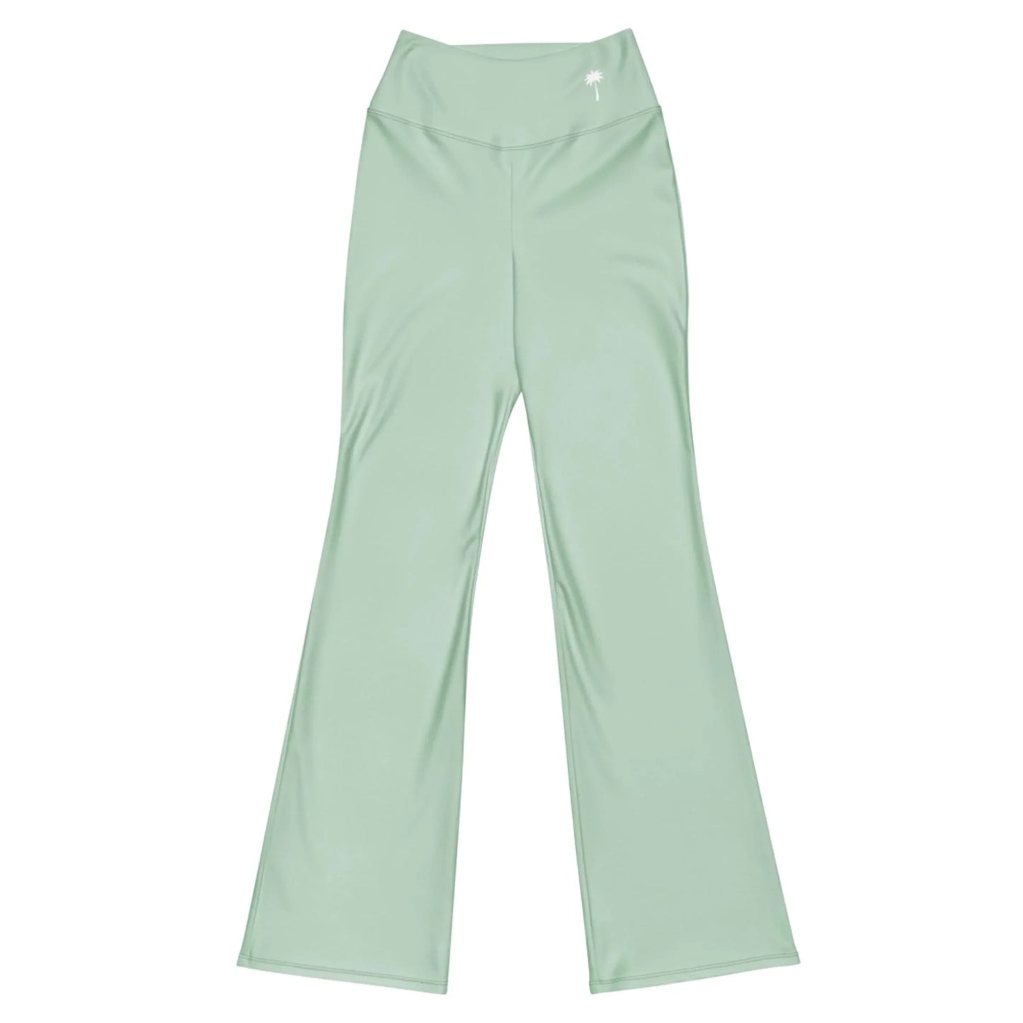 Printful Carolina Flared Performance Leggings for women in light green, with a high waist, slight sheen, subtle butt-lifting effect, and a small white palm tree logo near the waistband. Displayed on a flat white background.
