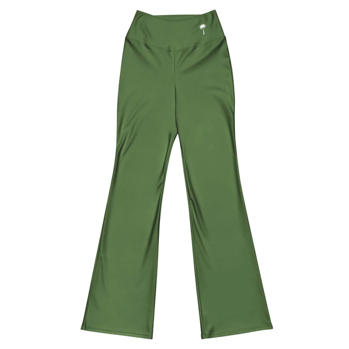 Printful’s Carolina Flared Performance Leggings for women feature an olive green, high-waisted fit with a wide waistband and a small white palm tree logo on the left hip; shown on a white background.