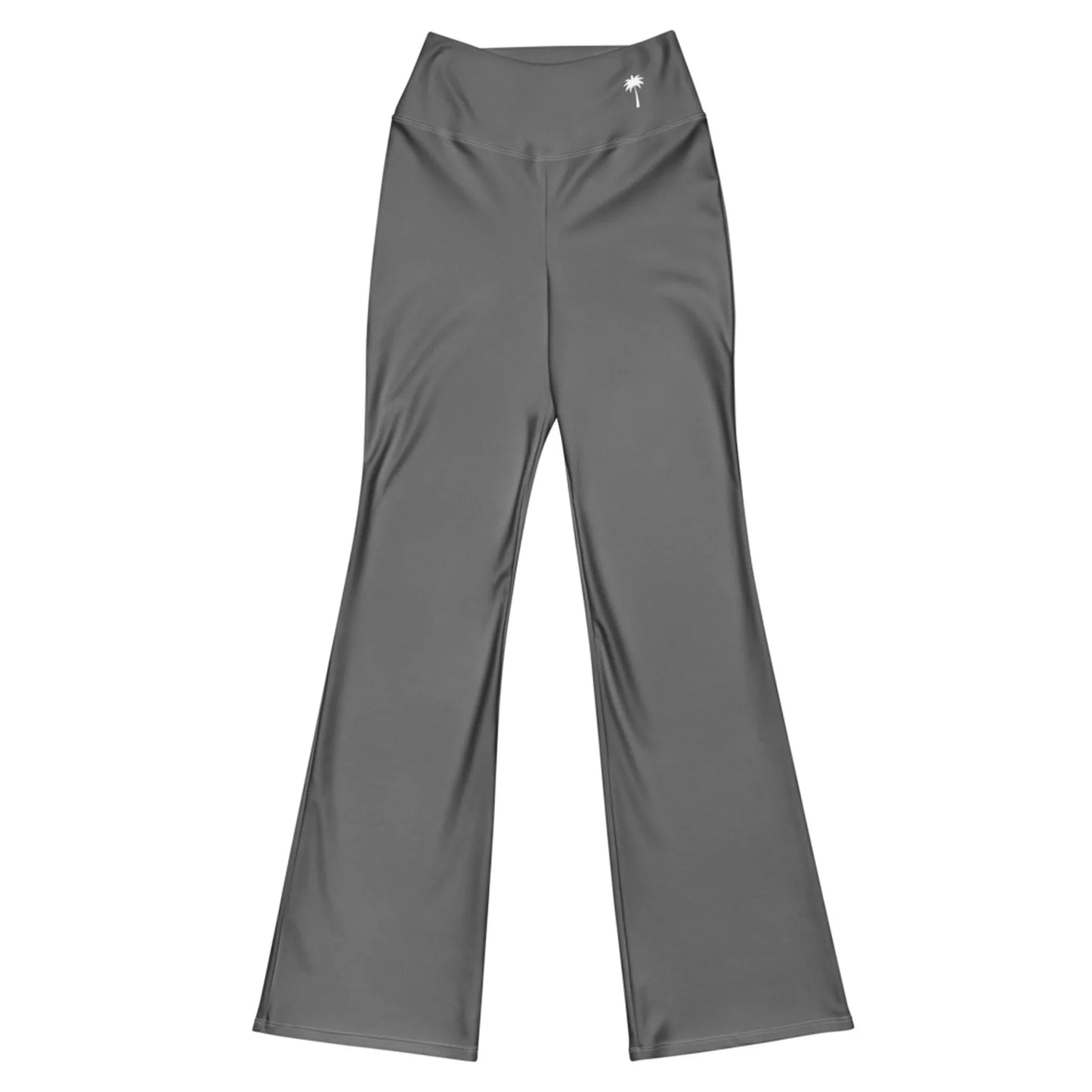 Printful Carolina Flared Performance Leggings for women in gray, featuring a high-waisted, butt-lifting fit and a small white palm tree logo by the waistband. Shown laid flat on a white background.