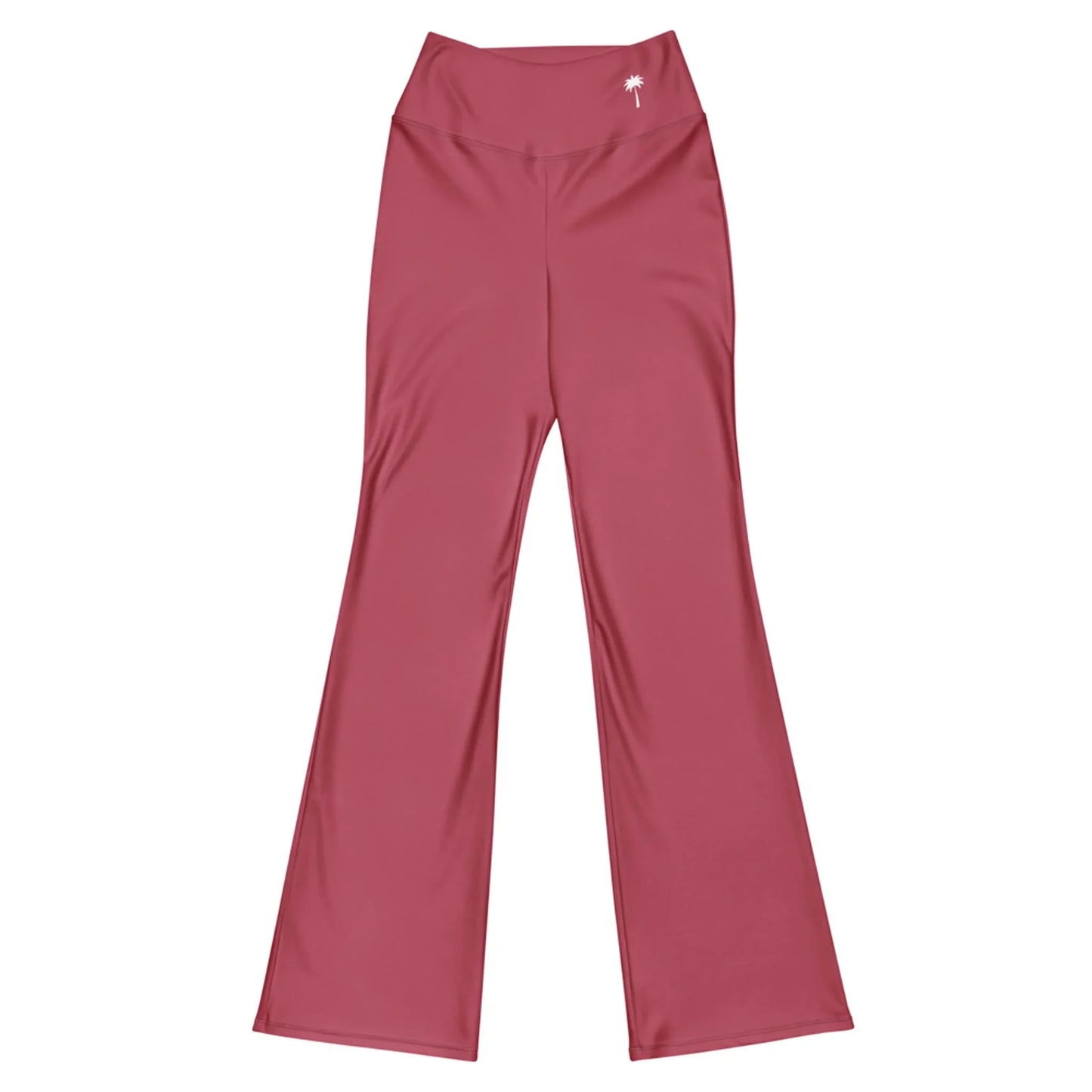 Printful Carolina Flared Performance Leggings for women in solid dusty rose, featuring a high waist, butt-lifting fit, and a small white palm tree logo near the waistband, displayed flat on a white background.