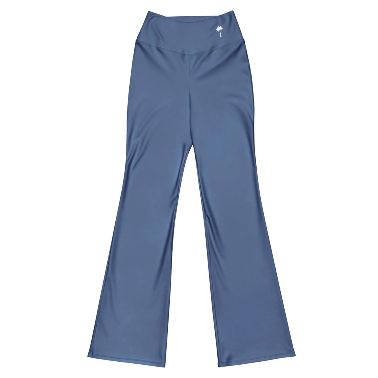 Printful Carolina Flared Performance Leggings for women, featuring a blue high-waisted, butt-lifting design and a small white palm tree logo on the waistband, displayed flat on a white background.
