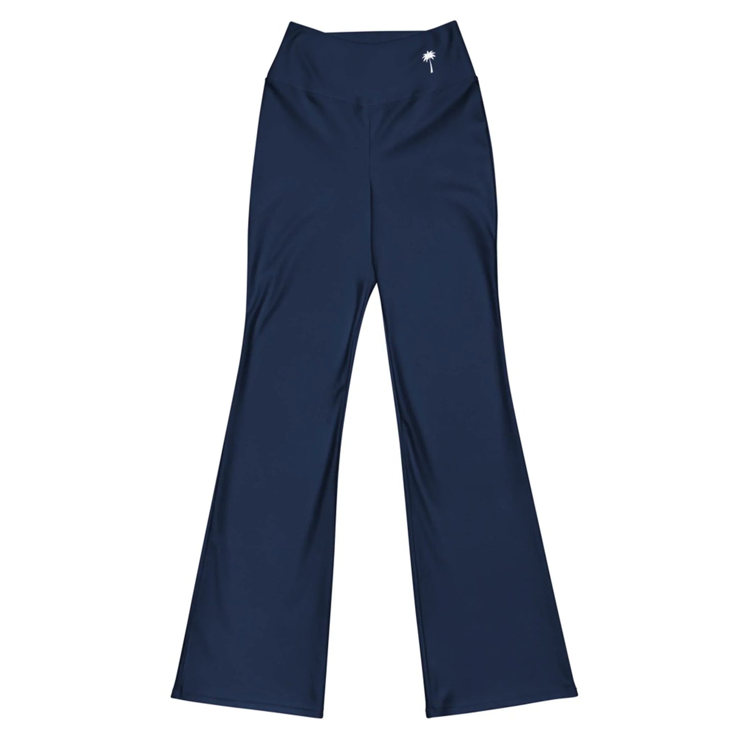 The Carolina Flared Performance Leggings by Printful are navy blue, high-waisted yoga pants with a butt-lifting fit and wide-leg style, featuring a small white palm tree logo near the waistband. Laid flat on a white background.