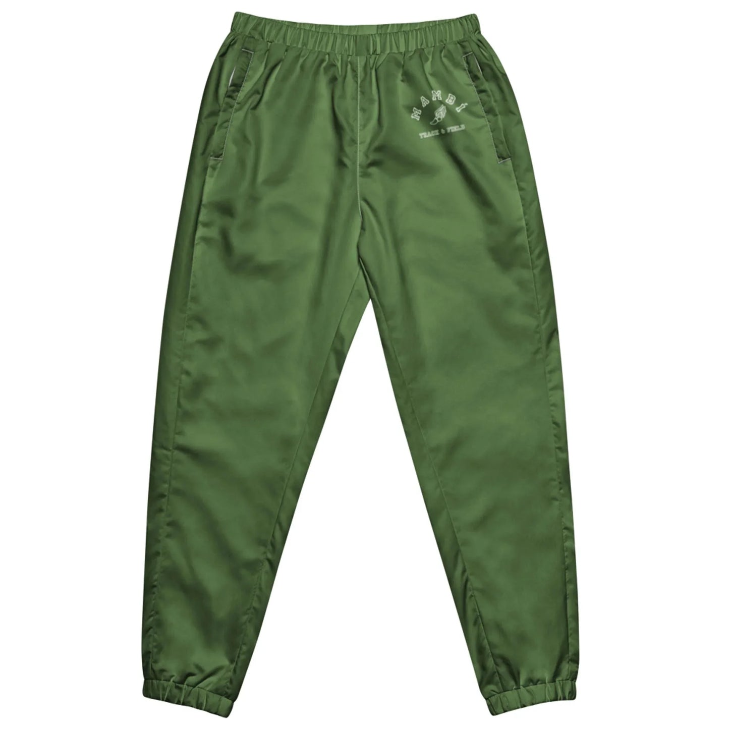 Green satin jogger pants with an elastic waistband and cuffs, two side pockets, and white Mambí text on the left thigh. The fabric has a slight sheen, giving the pants a stylish appearance.