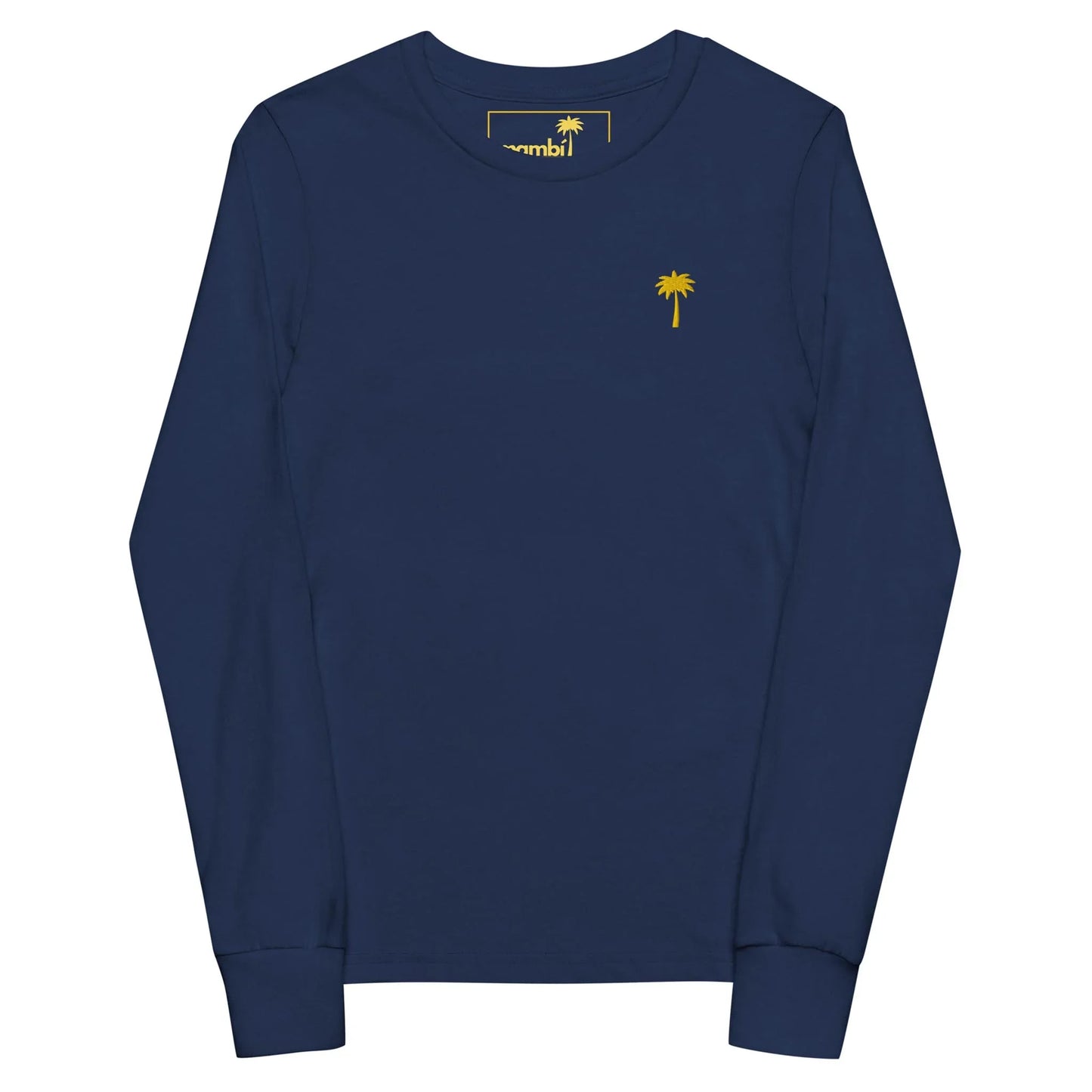 A navy blue long-sleeve shirt featuring a small yellow palm tree graphic on the left chest area and a subtle Mambí touch, neatly laid flat on a white background.