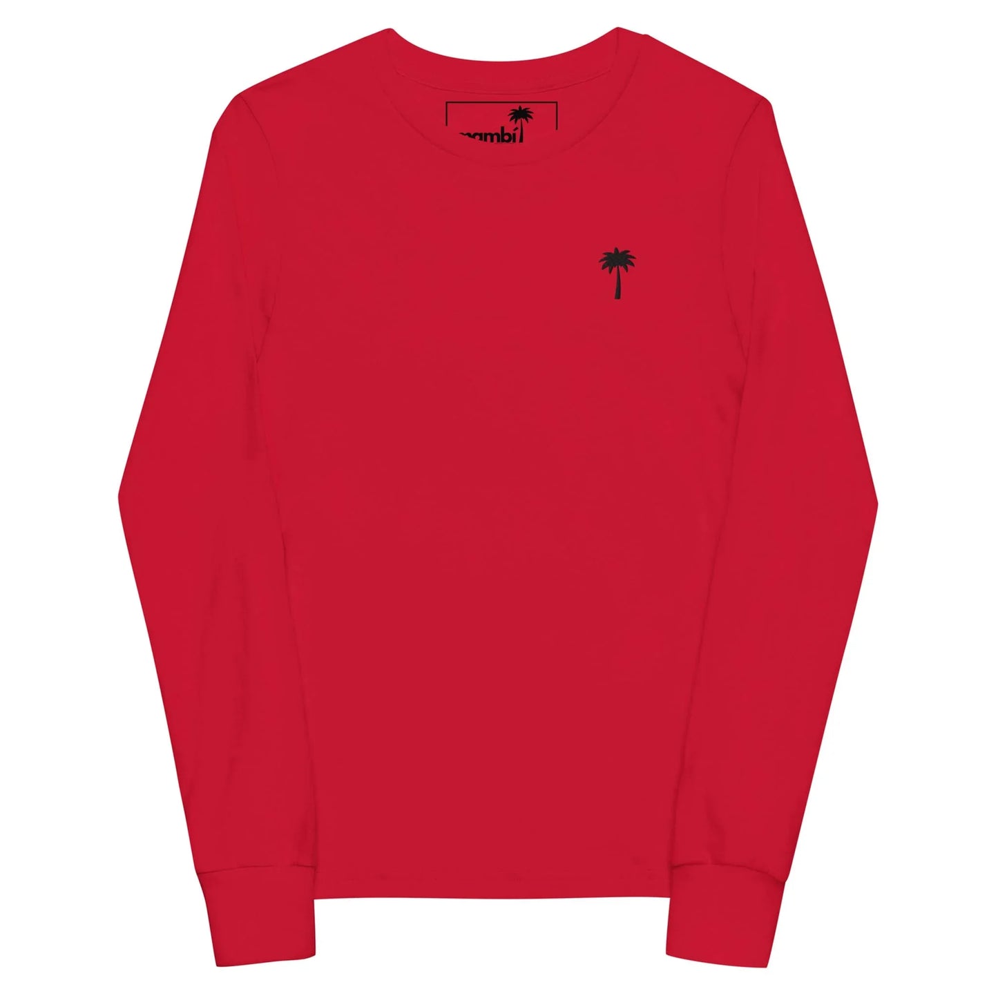A plain red long-sleeve Mambí shirt featuring a small black palm tree graphic on the left chest, laid flat on a white background.