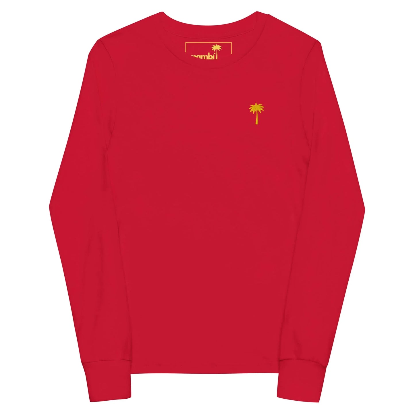 A long-sleeved red Mambí shirt featuring a small yellow palm tree graphic on the left chest area.