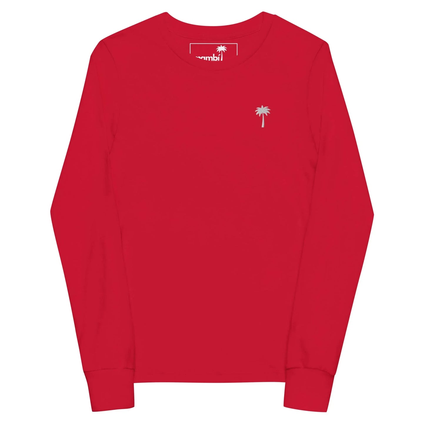 A plain red long-sleeve Mambí shirt featuring a small white palm tree logo on the left chest area.