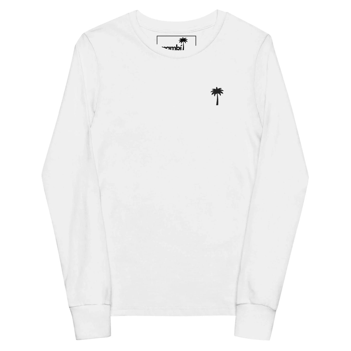 A plain white long-sleeve Mambí T-shirt with a small black palm tree logo on the left chest area. The shirt is laid flat on a white background.