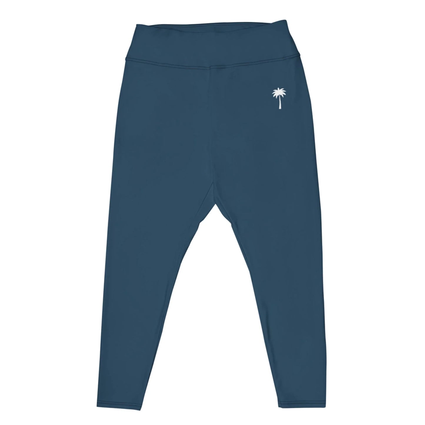 Dark teal high-waisted Mambí leggings with a small white palm tree graphic on the left hip, displayed flat on a white background.