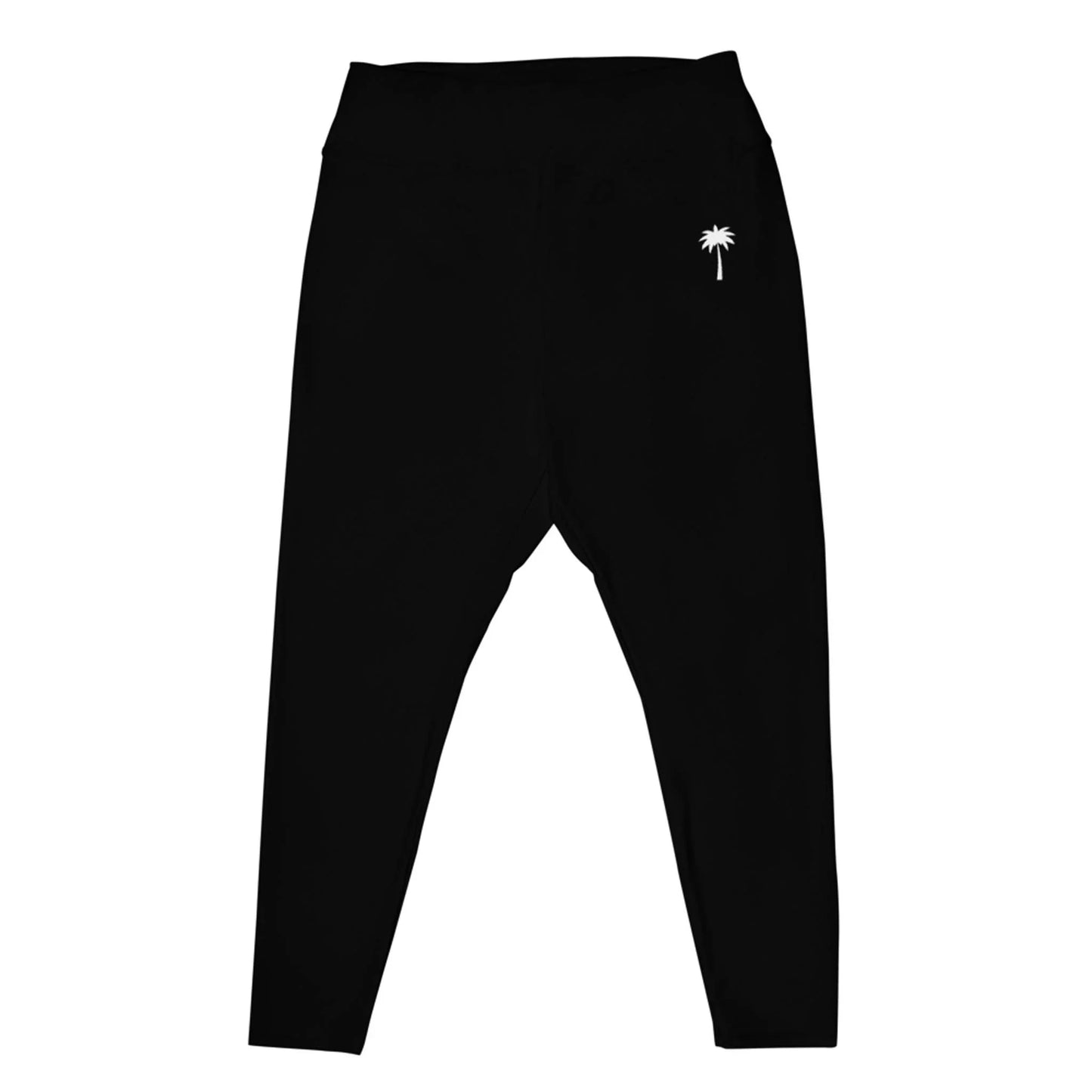 Black leggings with a high waistband, shown from the front, featuring a small white Mambí palm tree graphic on the left hip area.