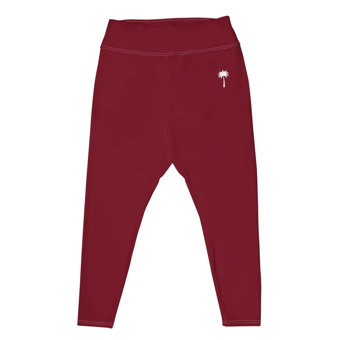 Maroon high-waisted Mambí leggings with a small white palm tree design on the left hip, displayed flat on a white background.