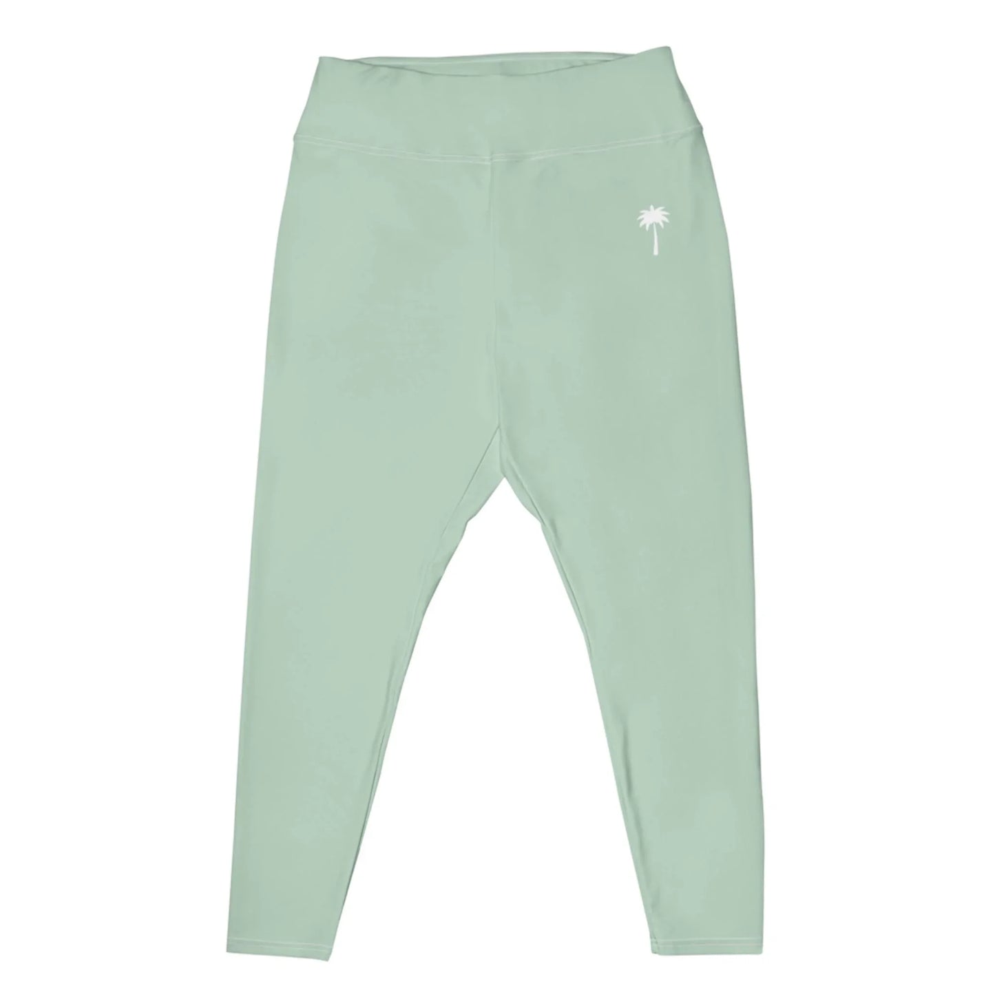 Light green high-waisted Mambí leggings with a small white palm tree graphic on the left hip, displayed on a white background.