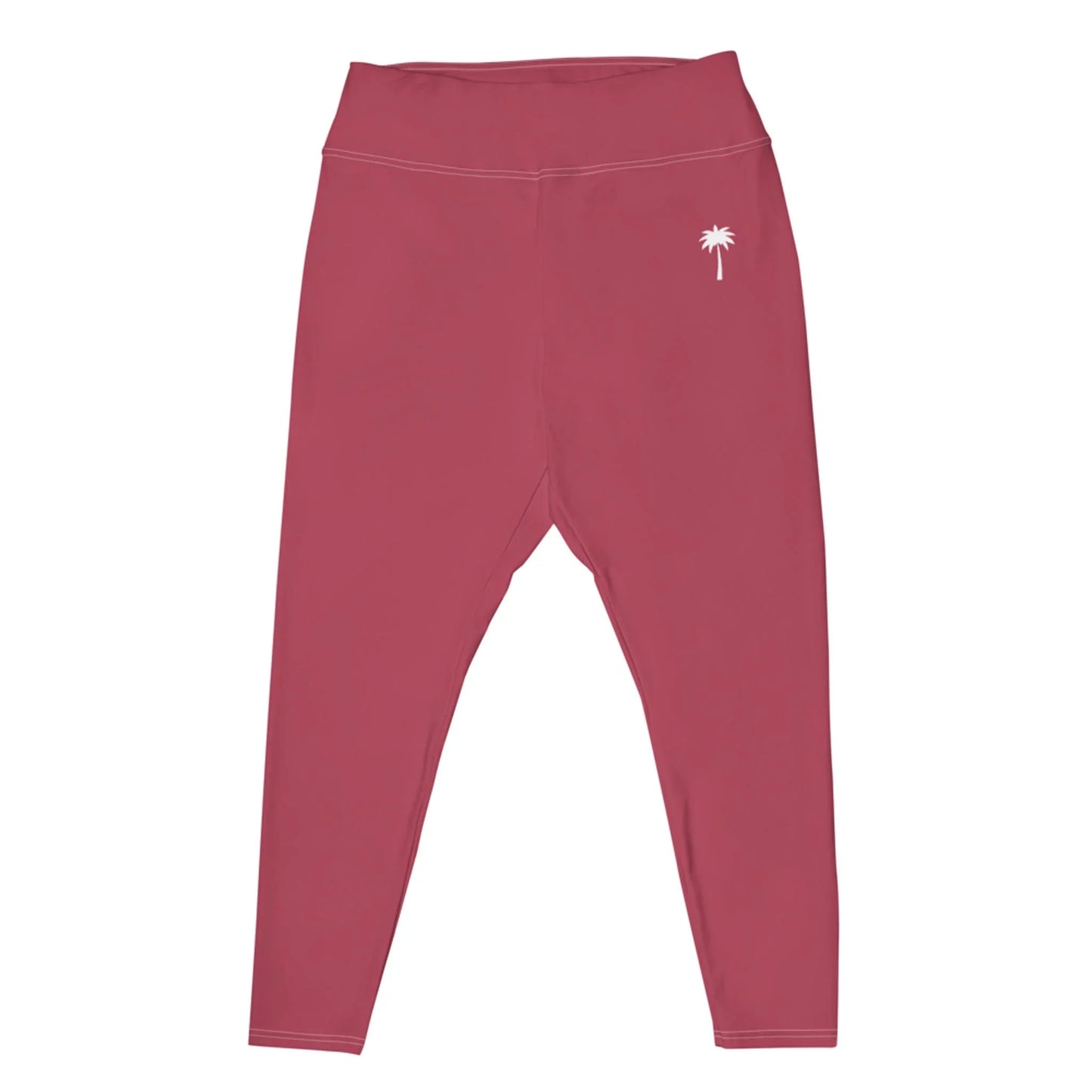 Pink high-waisted Mambí leggings featuring a small white palm tree graphic on the left hip, displayed flat on a white background.